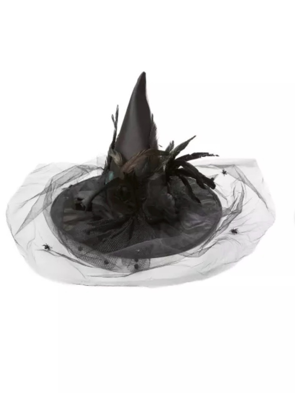 Spirit Black Witch Hat with Veil and Feather Embellishment